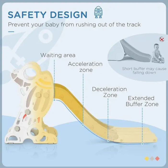 Grey space-themed toddler slide with labeled safety zones and rocket ship design