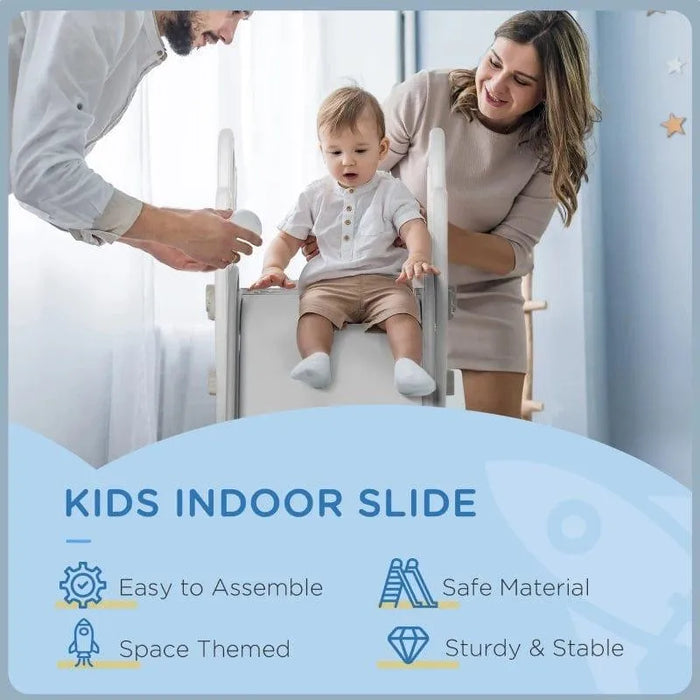 Parents with toddler on grey space-themed indoor kids slide, non-slip steps, safe play.