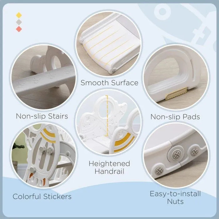 Features of grey space-themed toddler slide showing non-slip stairs, smooth surface, handrail, colorful stickers, easy-to-install nuts, and non-slip pads.