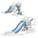 Blue and white rocket-themed toddler slide with stickers and safety buffer, indoor kids play
