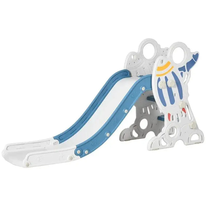 Rocket-themed blue and white indoor toddler slide with playful stickers and safety buffer