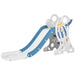 Rocket-themed blue and white indoor toddler slide with playful stickers and safety buffer