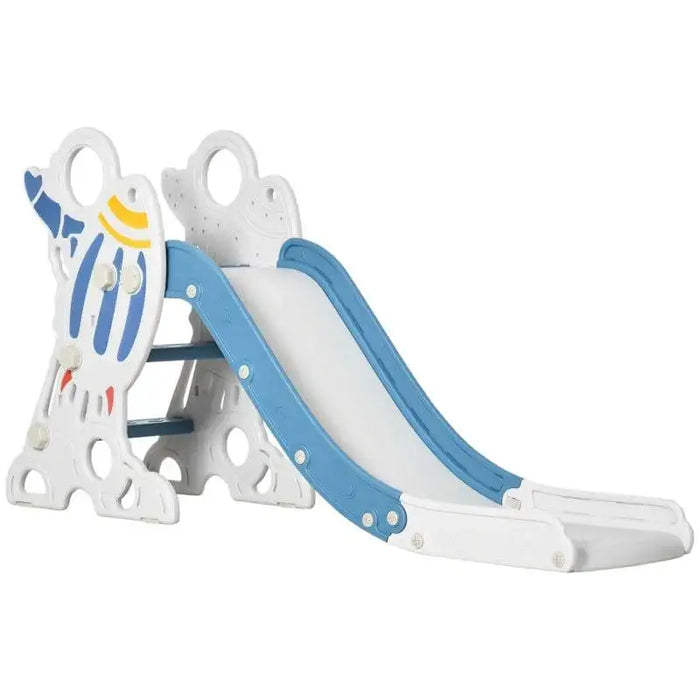 Blue and white rocket-themed toddler slide with safety buffer, indoor kids play equipment
