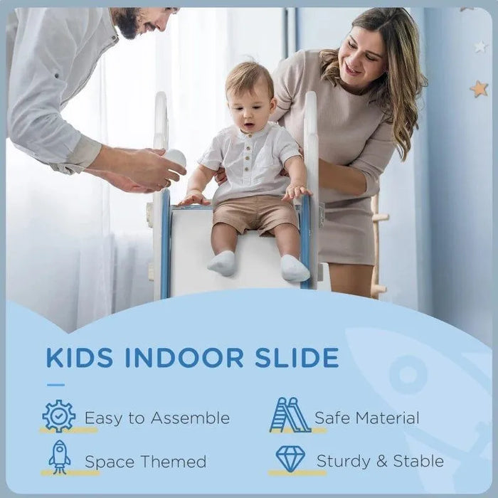 Parents helping toddler on blue rocket-themed indoor kids slide with safety stickers.
