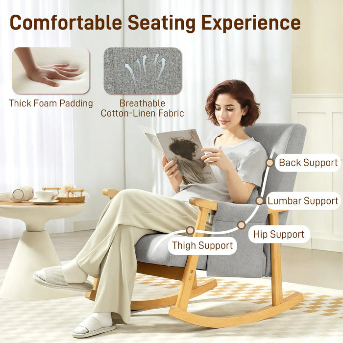 Rocking Armchair – Light Grey Cotton-Linen | 35° Rocking Base - Rubberwood Frame HOMCOM - Little and Giant Explorers