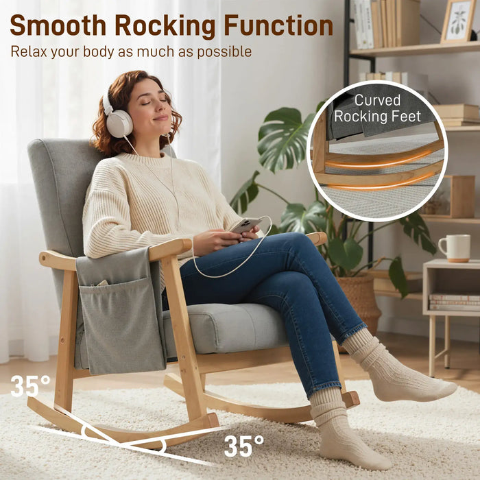 Rocking Armchair – Light Grey Cotton-Linen | 35° Rocking Base - Rubberwood Frame HOMCOM - Little and Giant Explorers