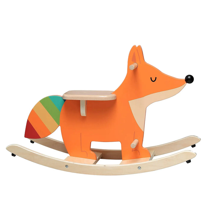Wooden fox rocking toy with a colorful tail on a white background