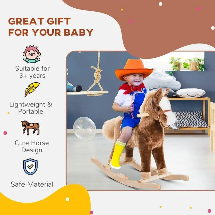 Smiling child in cowboy outfit riding brown plush rocking horse toy in modern playroom