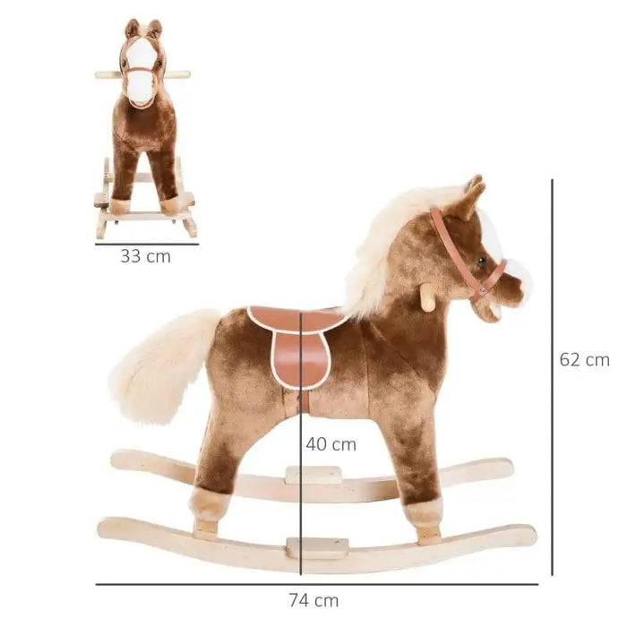 Brown plush rocking horse toy with saddle, bridle, and dimension markers on white background