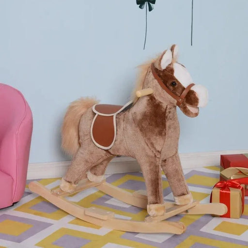 Brown plush rocking horse with saddle on geometric rug in a children's room