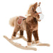 Brown plush rocking horse with saddle and wooden base for kids