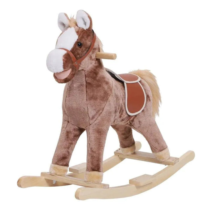 Brown plush rocking horse toy with wooden base and saddle, traditional kids design