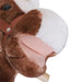 Close-up of a brown and white plush rocking horse head with bridle detail
