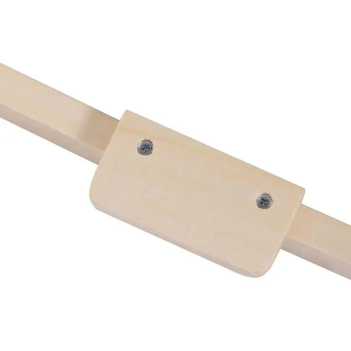 Close-up of light wood rocking horse base with two visible screws