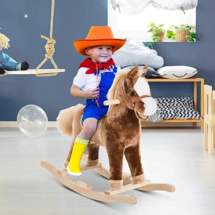 Smiling child in cowboy outfit riding a brown rocking horse toy in a playroom