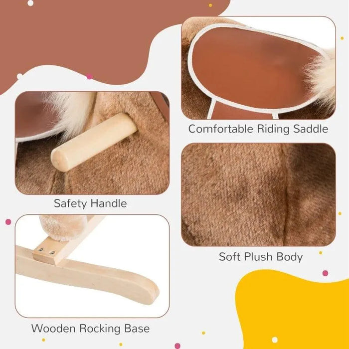 Brown rocking horse for kids with soft plush body, safety handle, saddle, wooden rocking base.