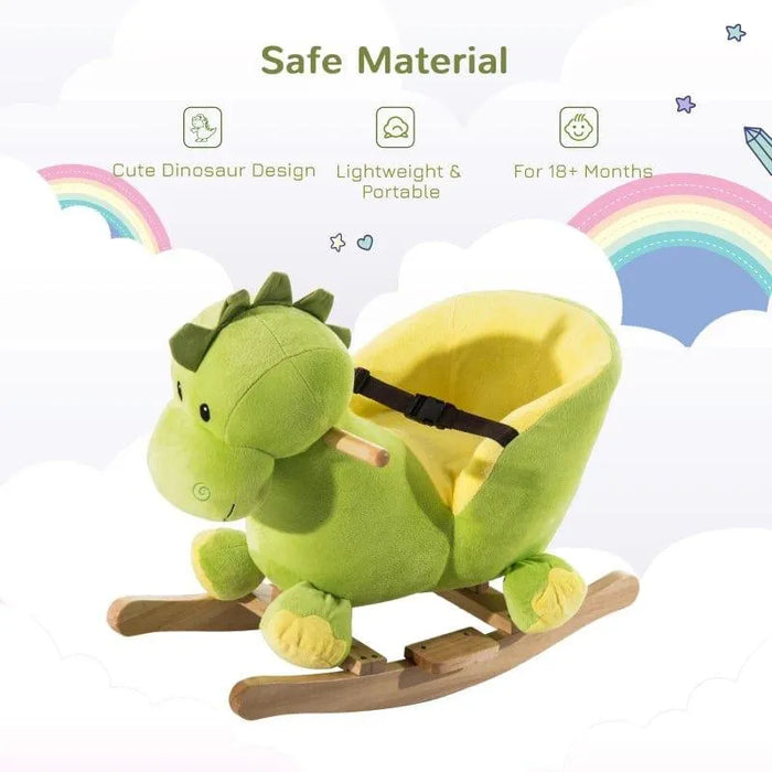 Green dinosaur plush rocking horse for toddlers with wooden base and seat belt.