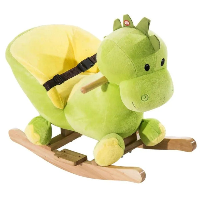 Green dinosaur plush rocking horse with wood base and seatbelt for kids