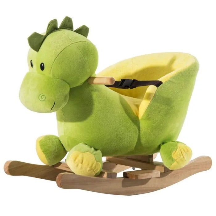 Plush green dinosaur rocking horse with wooden base and seat belt for kids