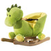 Plush green dinosaur rocking horse with wooden base and seat belt for kids