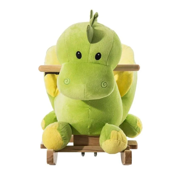 Green dinosaur plush rocking horse with wooden frame for kids