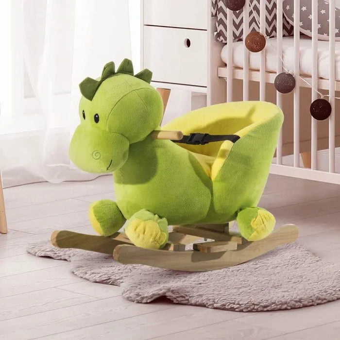 Green dinosaur plush rocking horse with wooden frame in a nursery room