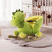 Green dinosaur plush rocking horse with wooden frame in a nursery room