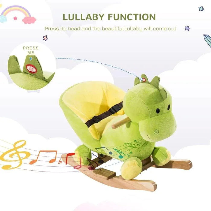 Green dinosaur rocking horse plush toy with lullaby function and wooden base