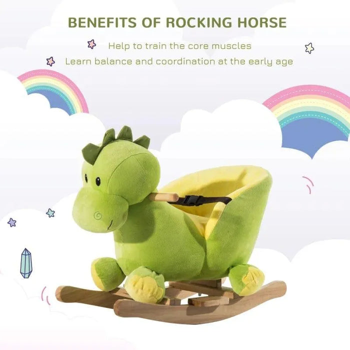 Green dinosaur plush rocking horse with safety belt and wooden base, clouds and rainbows background