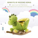 Green dinosaur plush rocking horse with safety belt and wooden base, clouds and rainbows background
