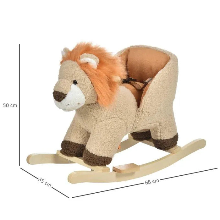 Plush lion rocking horse with wooden base, child seat, and safety harness, 68x50x35 cm.