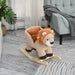 Plush lion rocking horse for kids in a modern living room on patterned rug