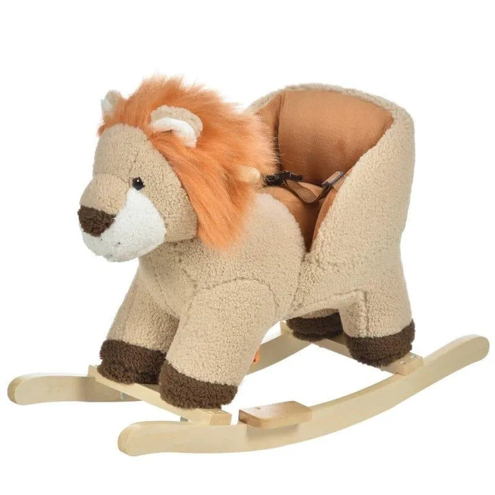 Plush brown lion rocking horse with wooden rockers and tan seat for kids