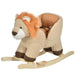 Plush brown lion rocking horse with wooden rockers and tan seat for kids