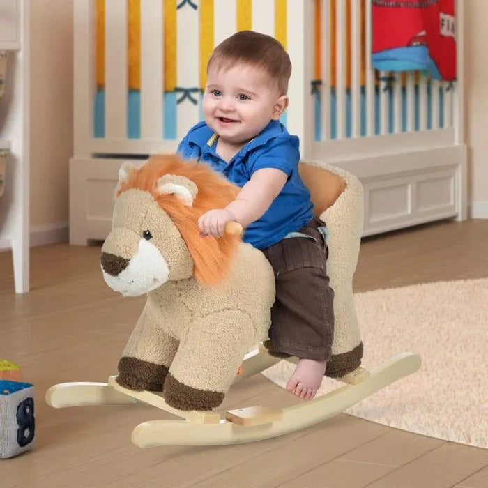 Baby riding brown lion plush rocking horse in nursery with crib and toys