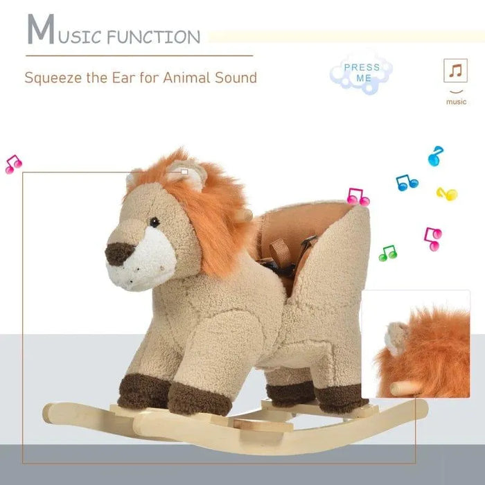 Brown plush lion rocking horse for kids with music function and safety seat