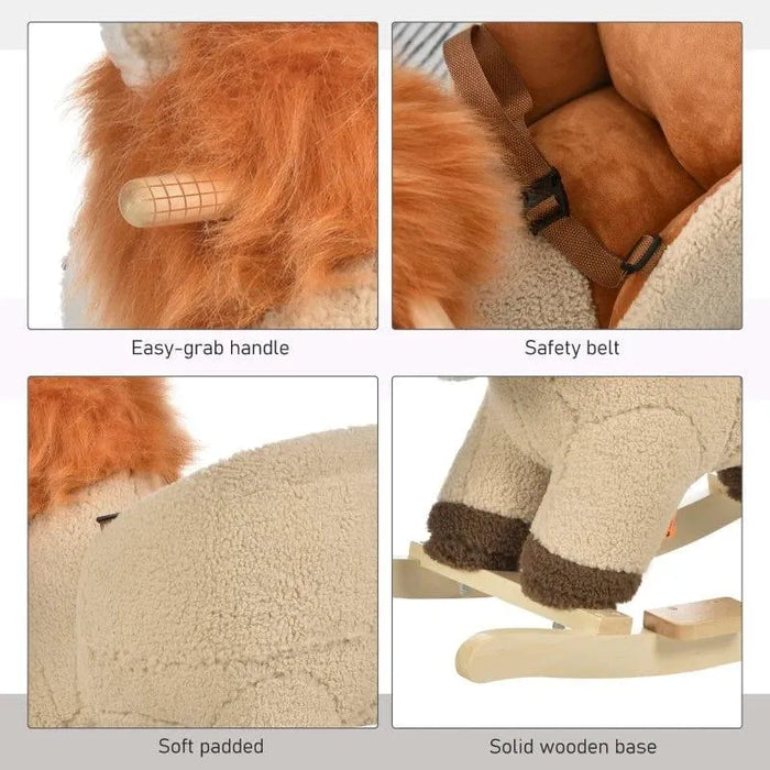 Close-up details of a plush lion rocking horse with easy-grab handle, safety belt, soft padding, and solid wooden base.