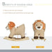 Plush lion rocking horse for kids shown from side and front, with benefits listed above.