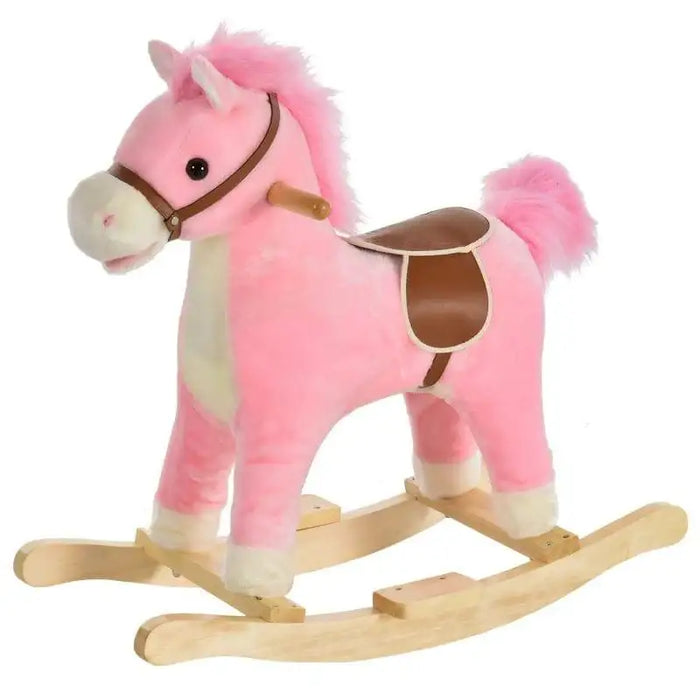Pink and white plush rocking horse toy with brown saddle on wooden rockers