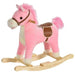 Pink and white plush rocking horse toy with brown saddle on wooden rockers