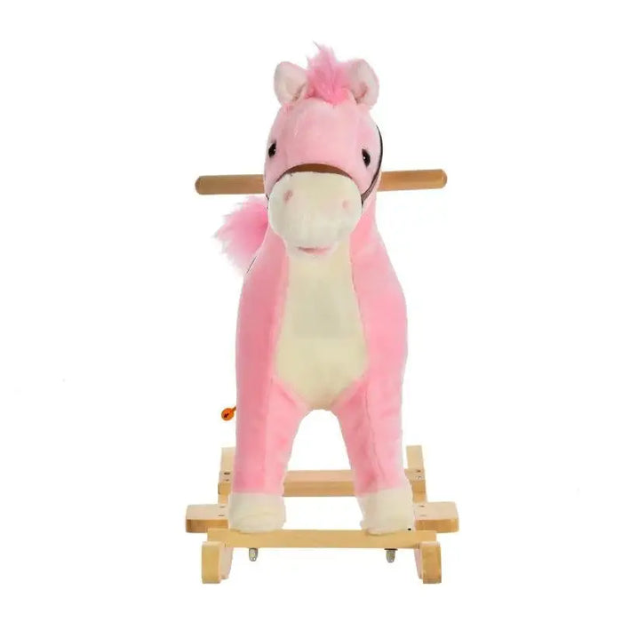 Pink and white plush rocking horse toy on wooden base, front view, white background