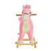 Pink and white plush rocking horse toy on wooden base, front view, white background