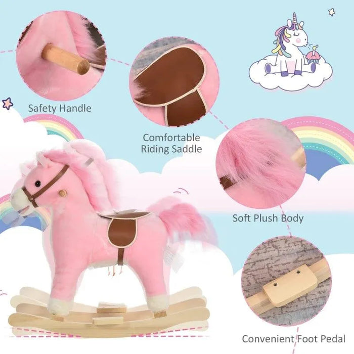 Pink and white plush rocking horse with saddle, wooden handles, and foot pedal on pastel background.