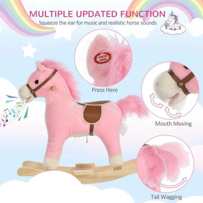 Pink and white plush rocking horse toy with moving mouth, wagging tail, and brown saddle.