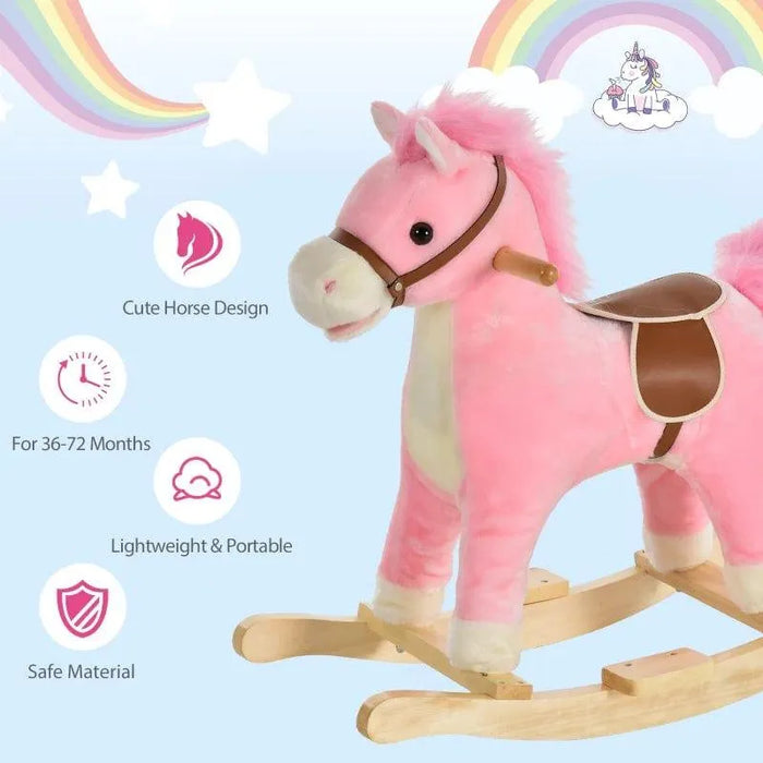 Pink and white rocking horse toy with brown saddle on wooden base, rainbow background