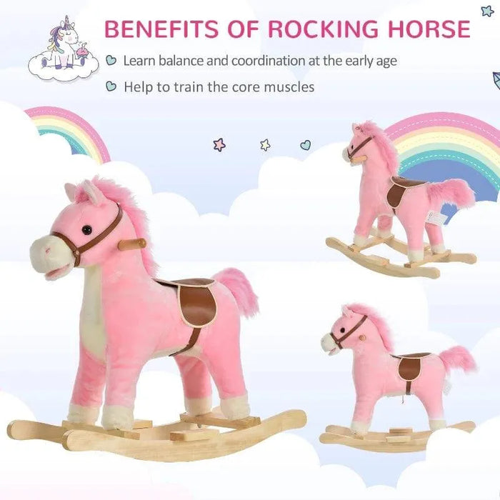 Pink and white plush rocking horse toy with wooden base and brown saddle for kids