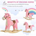 Pink and white plush rocking horse toy with wooden base and brown saddle for kids