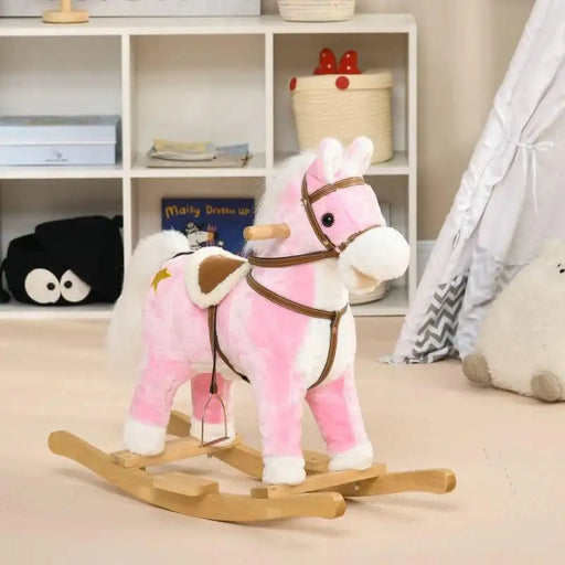 Pink plush rocking horse with saddle in a children's playroom with shelves and toys.
