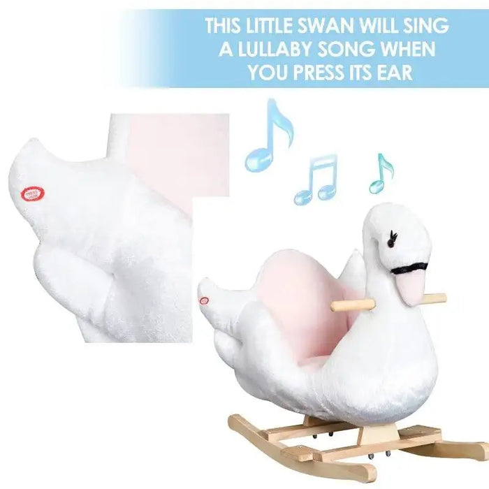 Pink and white swan rocking horse with lullaby music and wooden base for kids