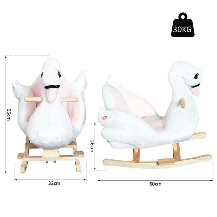 White and pink swan rocking horse with wooden base, 30KG limit, product dimensions shown